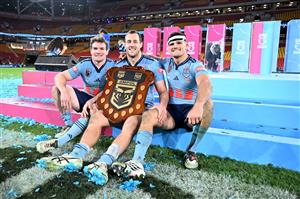 Martin, Yeo and Cleary pose with the Origin shield (Getty)