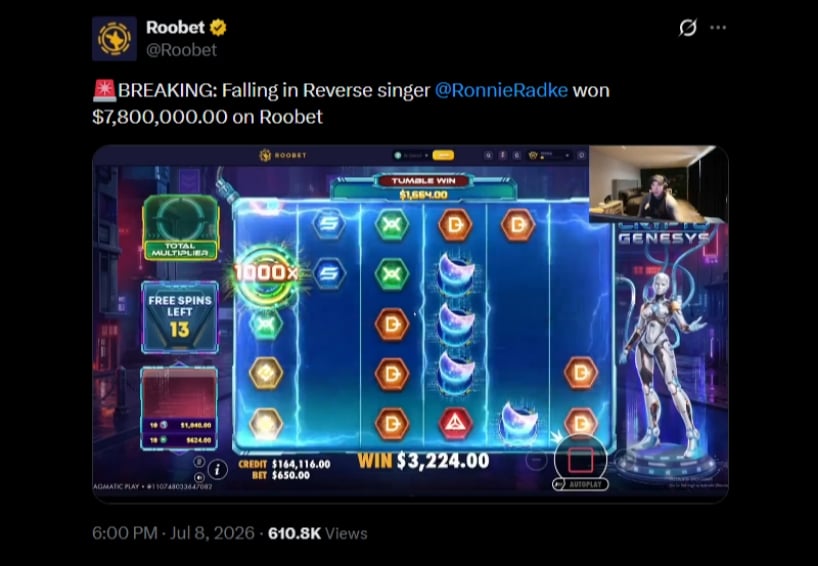 Twitter Ronnie Radke Roobet Slot Win