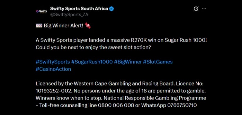Twitter Swifty Sports 270K Slot Win