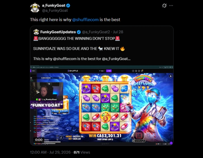 Twitter FunkyGoat Sunnydaze Asylum Win