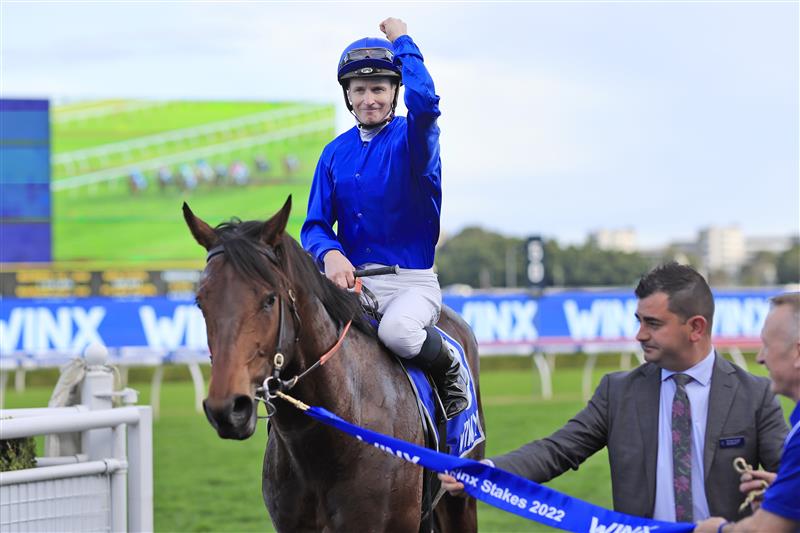 SYDNEY, AUSTRALIA - AUGUST 20: James McDonald on Anamoe returns to scale after winning race 8 the Winx Stakes during Sydney Racing at Royal Randwick Racecourse on August 20, 2022 in Sydney, Australia. (Photo by Mark Evans/Getty Images)