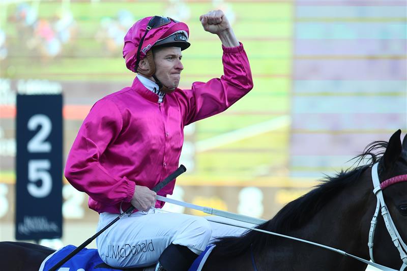 SYDNEY, AUSTRALIA - AUGUST 19:  James Mcdonald riding Fangirl  wins Race 8 Winx Stakes  during "Winx Stakes Day" - Sydney Racing at Royal Randwick Racecourse on August 19, 2023 in Sydney, Australia. (Photo by Jeremy Ng/Getty Images)