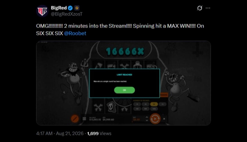 Twitter SixSixSix Roobet Max Win