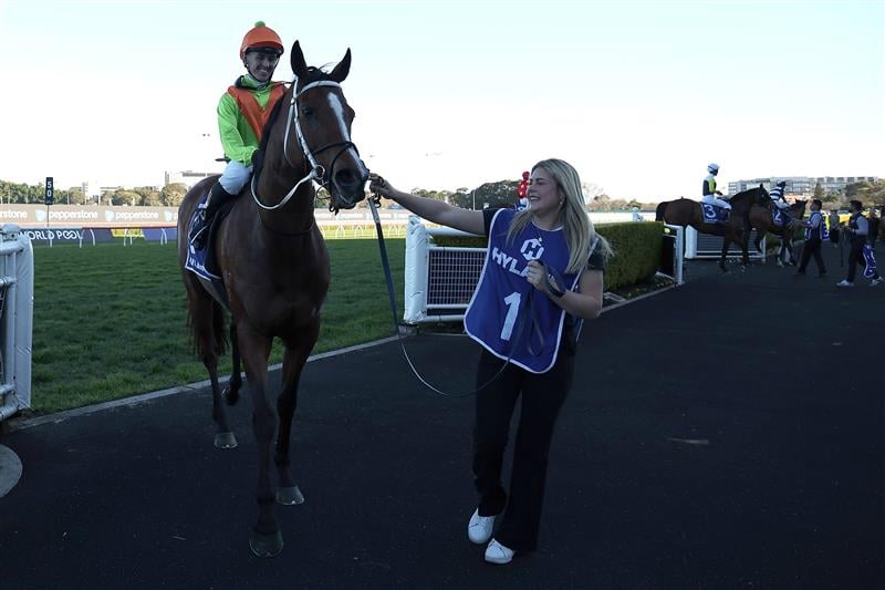 SYDNEY, AUSTRALIA - AUGUST 22: Ben Thompson  riding Midnight In Tokyo win Race 8 Hyland Race Colours Show County Quality during Sydney Racing at Royal Randwick Racecourse on August 22, 2026 in Sydney, Australia. (Photo by Jeremy Ng/Getty Images)