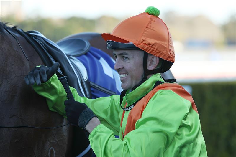 SYDNEY, AUSTRALIA - AUGUST 22: Ben Thompson  riding Midnight In Tokyo win Race 8 Hyland Race Colours Show County Quality during Sydney Racing at Royal Randwick Racecourse on August 22, 2026 in Sydney, Australia. (Photo by Jeremy Ng/Getty Images)