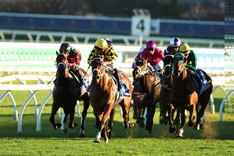 SYDNEY, AUSTRALIA - AUGUST 22: James McDonald  riding Autumn Glow win Race 9 Winx Stakes during Sydney Racing at Royal Randwick Racecourse on August 22, 2026 in Sydney, Australia. (Photo by Jeremy Ng/Getty Images)