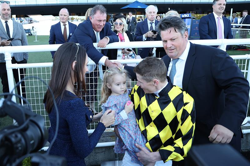 SYDNEY, AUSTRALIA - AUGUST 22: James McDonald  riding Autumn Glow win Race 9 Winx Stakes during Sydney Racing at Royal Randwick Racecourse on August 22, 2026 in Sydney, Australia. (Photo by Jeremy Ng/Getty Images)
