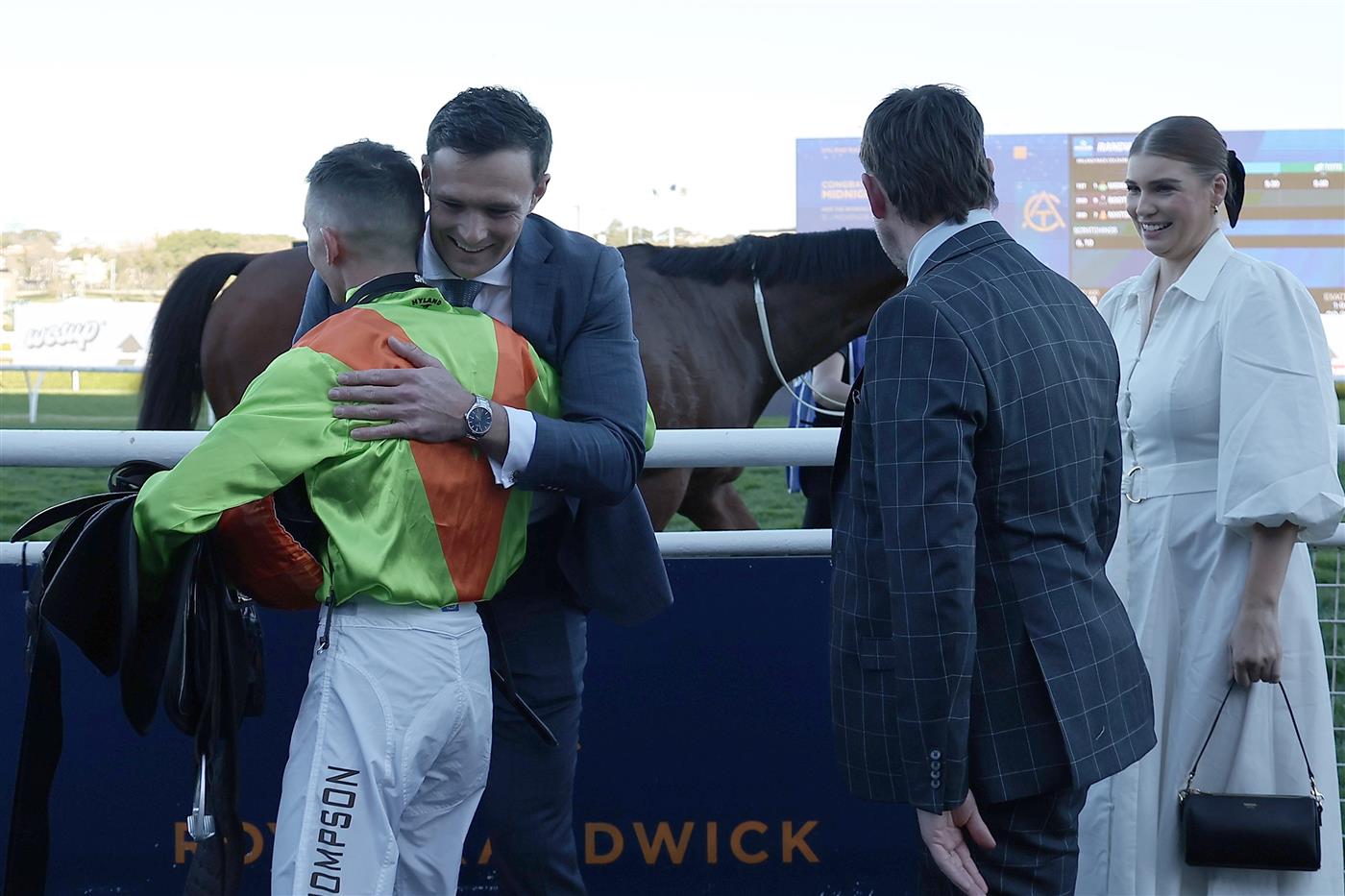SYDNEY, AUSTRALIA - AUGUST 22: Ben Thompson  riding Midnight In Tokyo win Race 8 Hyland Race Colours Show County Quality during Sydney Racing at Royal Randwick Racecourse on August 22, 2026 in Sydney, Australia. (Photo by Jeremy Ng/Getty Images)