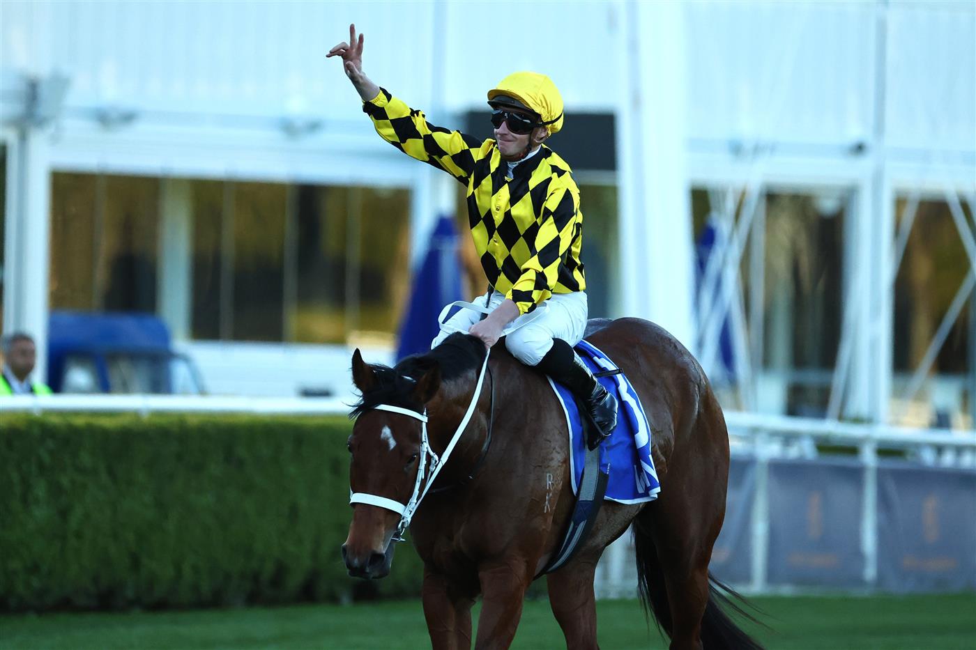 SYDNEY, AUSTRALIA - AUGUST 22: James McDonald  riding Autumn Glow win Race 9 Winx Stakes during Sydney Racing at Royal Randwick Racecourse on August 22, 2026 in Sydney, Australia. (Photo by Jeremy Ng/Getty Images)