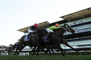 SYDNEY, AUSTRALIA - AUGUST 22: Ben Thompson  riding Midnight In Tokyo win Race 8 Hyland Race Colours Show County Quality during Sydney Racing at Royal Randwick Racecourse on August 22, 2026 in Sydney, Australia. (Photo by Jeremy Ng/Getty Images)