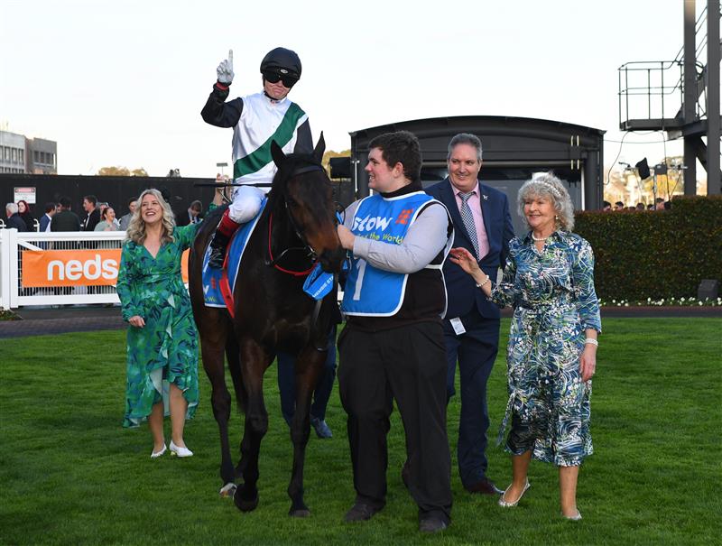 MELBOURNE, AUSTRALIA - SEPTEMBER 02: Craig Williams riding Mr Brightside after winning in Race 9, the Stow Storage Memsie Stakes, during Melbourne Racing at Caulfield Racecourse on September 02, 2023 in Melbourne, Australia. (Photo by Vince Caligiuri/Getty Images)