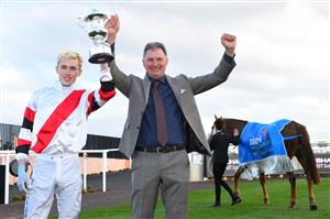 MELBOURNE, AUSTRALIA - AUGUST 31: Ben Allen poses with trainer Enver Jusufovic after riding Pinstriped to win Race 9, the Stow Storage Memsie Stakes - Betting Odds during Melbourne Racing at Caulfield Racecourse on August 31, 2024 in Melbourne, Australia. (Photo by Vince Caligiuri/Getty Images)