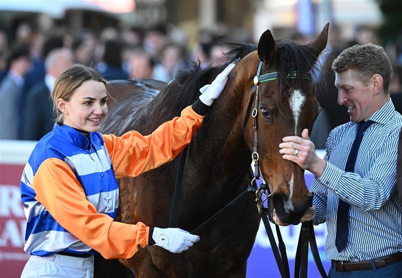MELBOURNE, AUSTRALIA - AUGUST 29: Dakotah Keane poses with trainer Patrick Bell after riding Home Rule to win race 4, the Hygain Handicap during Melbourne Racing at Caulfield Racecourse on August 29, 2026 in Melbourne, Australia. (Photo by Vince Caligiuri/Getty Images)