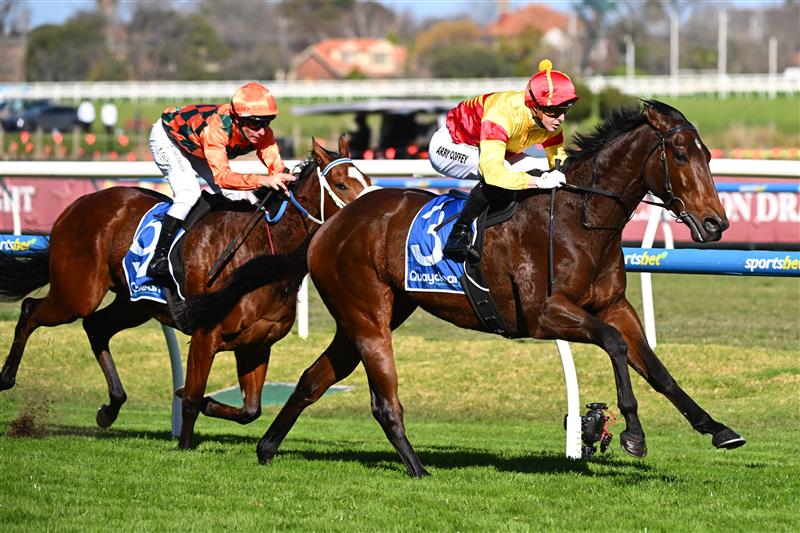 MELBOURNE, AUSTRALIA - AUGUST 29: Harry Coffey riding Oliveanotherday winning race 6, the The Quayclean Heath 1100   during Melbourne Racing at Caulfield Racecourse on August 29, 2026 in Melbourne, Australia. (Photo by Vince Caligiuri/Getty Images)