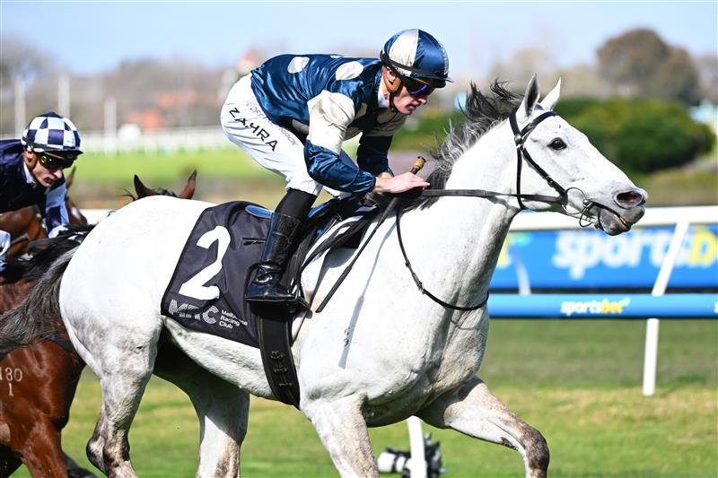 MELBOURNE, AUSTRALIA - AUGUST 29: Mark Zahra riding Saint George winning race 3, the Brad Masters Plumbing Handicap during Melbourne Racing at Caulfield Racecourse on August 29, 2026 in Melbourne, Australia. (Photo by Vince Caligiuri/Getty Images)