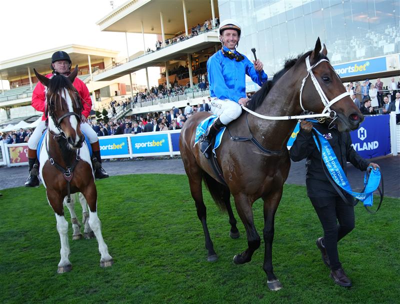 MELBOURNE, AUSTRALIA - AUGUST 29: Nash Rawiller riding Beiwacht after winning race 8, the Stow Storage Memsie Stakes during Melbourne Racing at Caulfield Racecourse on August 29, 2026 in Melbourne, Australia. (Photo by Vince Caligiuri/Getty Images)