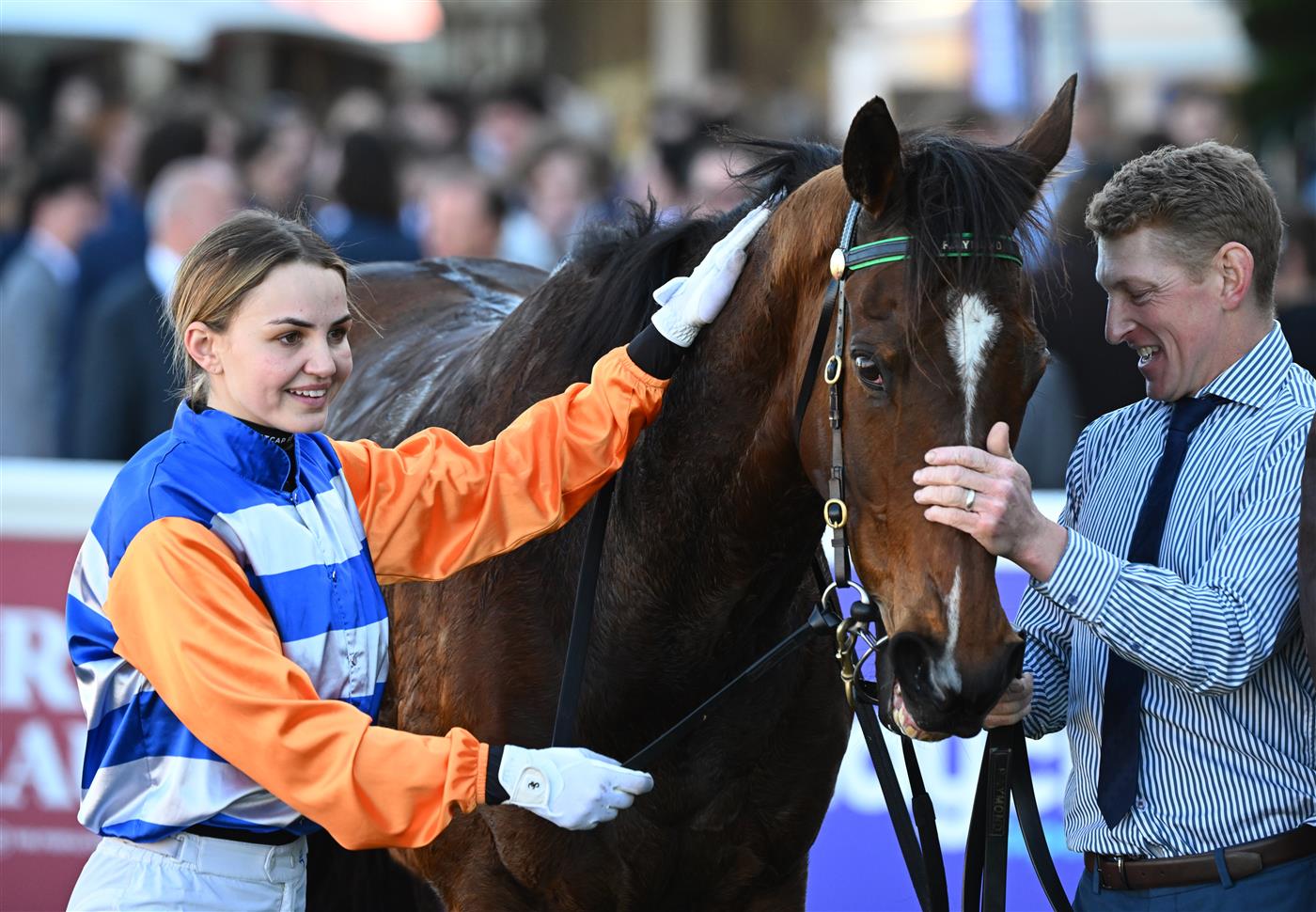 MELBOURNE, AUSTRALIA - AUGUST 29: Dakotah Keane poses with trainer Patrick Bell after riding Home Rule to win race 4, the Hygain Handicap during Melbourne Racing at Caulfield Racecourse on August 29, 2026 in Melbourne, Australia. (Photo by Vince Caligiuri/Getty Images)