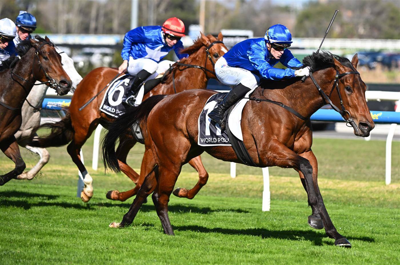 MELBOURNE, AUSTRALIA - AUGUST 29: Ethan Brown riding Custom winning race 5, the Hkjc World Pool Courtza Stakes during Melbourne Racing at Caulfield Racecourse on August 29, 2026 in Melbourne, Australia. (Photo by Vince Caligiuri/Getty Images)