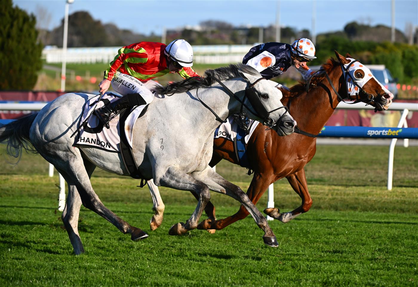 MELBOURNE, AUSTRALIA - AUGUST 29: John Allen riding Kingswood defeats Blake Shinn riding Just Folk in race 9, the Chandon Heatherlie Stakes during Melbourne Racing at Caulfield Racecourse on August 29, 2026 in Melbourne, Australia. (Photo by Vince Caligiuri/Getty Images)