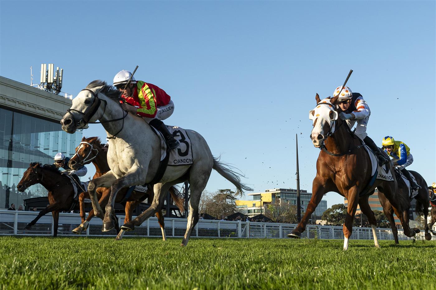 MELBOURNE, AUSTRALIA - AUGUST 29: John Allen riding Kingswood defeats Blake Shinn riding Just Folk in race 9, the Chandon Heatherlie Stakes during Melbourne Racing at Caulfield Racecourse on August 29, 2026 in Melbourne, Australia. (Photo by Vince Caligiuri/Getty Images)