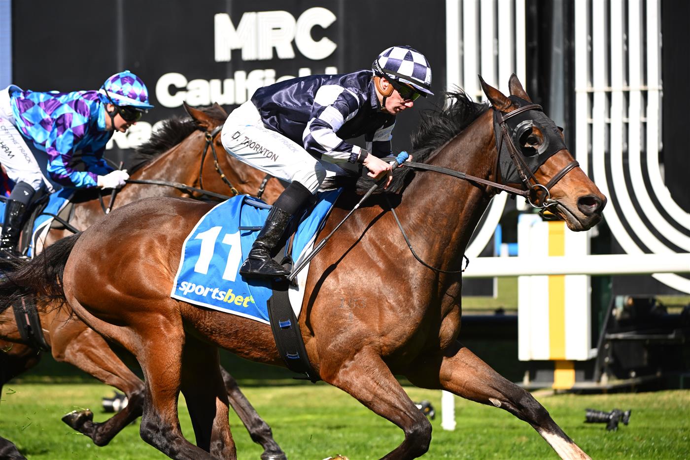 MELBOURNE, AUSTRALIA - AUGUST 29: Damien Thornton riding Politely Dunn winning race 2, the Sportsbet Fixed Odds Exotics Handicap during Melbourne Racing at Caulfield Racecourse on August 29, 2026 in Melbourne, Australia. (Photo by Vince Caligiuri/Getty Images)