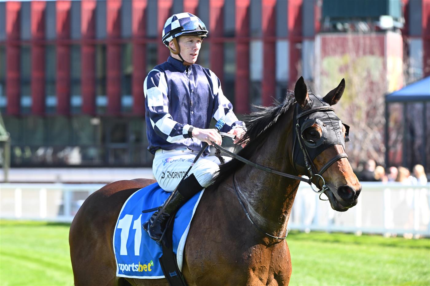 MELBOURNE, AUSTRALIA - AUGUST 29: Damien Thornton riding Politely Dunn after winning race 2, the Sportsbet Fixed Odds Exotics Handicap during Melbourne Racing at Caulfield Racecourse on August 29, 2026 in Melbourne, Australia. (Photo by Vince Caligiuri/Getty Images)