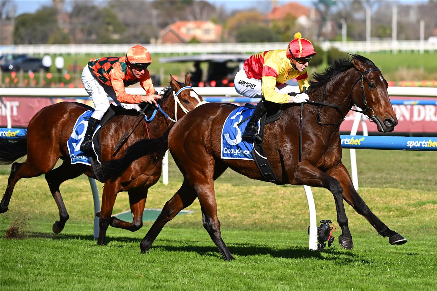 MELBOURNE, AUSTRALIA - AUGUST 29: Harry Coffey riding Oliveanotherday winning race 6, the The Quayclean Heath 1100   during Melbourne Racing at Caulfield Racecourse on August 29, 2026 in Melbourne, Australia. (Photo by Vince Caligiuri/Getty Images)