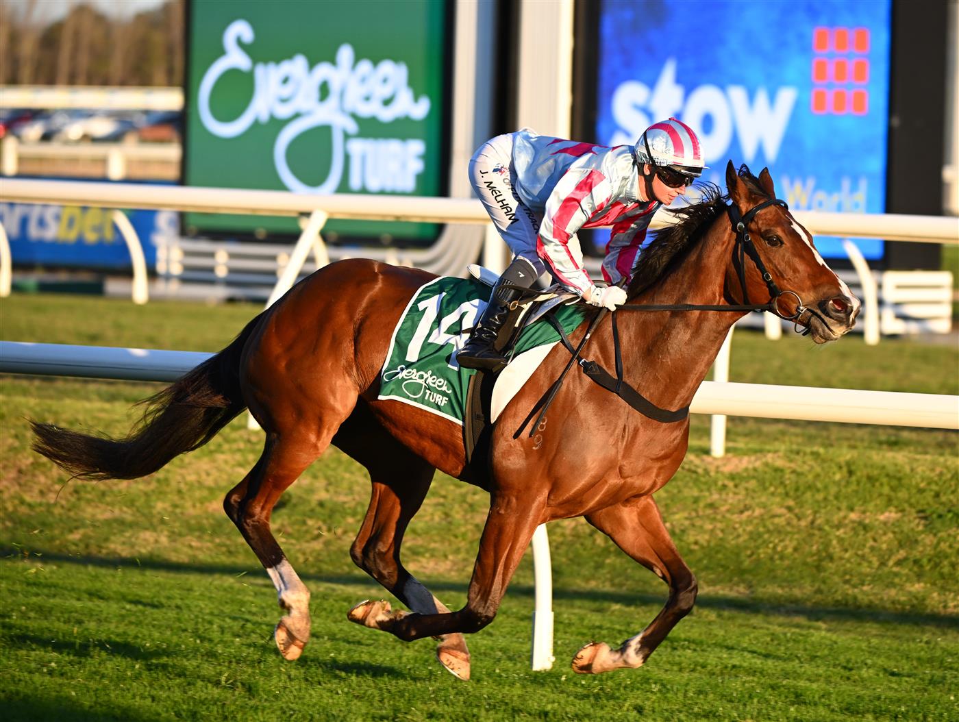 MELBOURNE, AUSTRALIA - AUGUST 29: Jamie Melham riding  Fancify winning race 10, the Evergreen Turf Handicap during Melbourne Racing at Caulfield Racecourse on August 29, 2026 in Melbourne, Australia. (Photo by Vince Caligiuri/Getty Images)