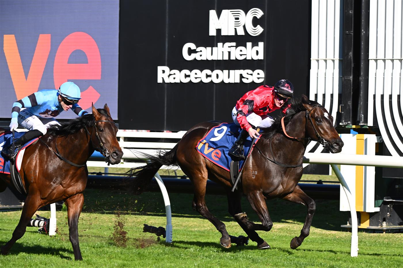 MELBOURNE, AUSTRALIA - AUGUST 29: Mark Zahra riding American Eagle defeats Thomas Stockdale riding Unit Five in race 7, the Ive > Mcneil Stakes during Melbourne Racing at Caulfield Racecourse on August 29, 2026 in Melbourne, Australia. (Photo by Vince Caligiuri/Getty Images)