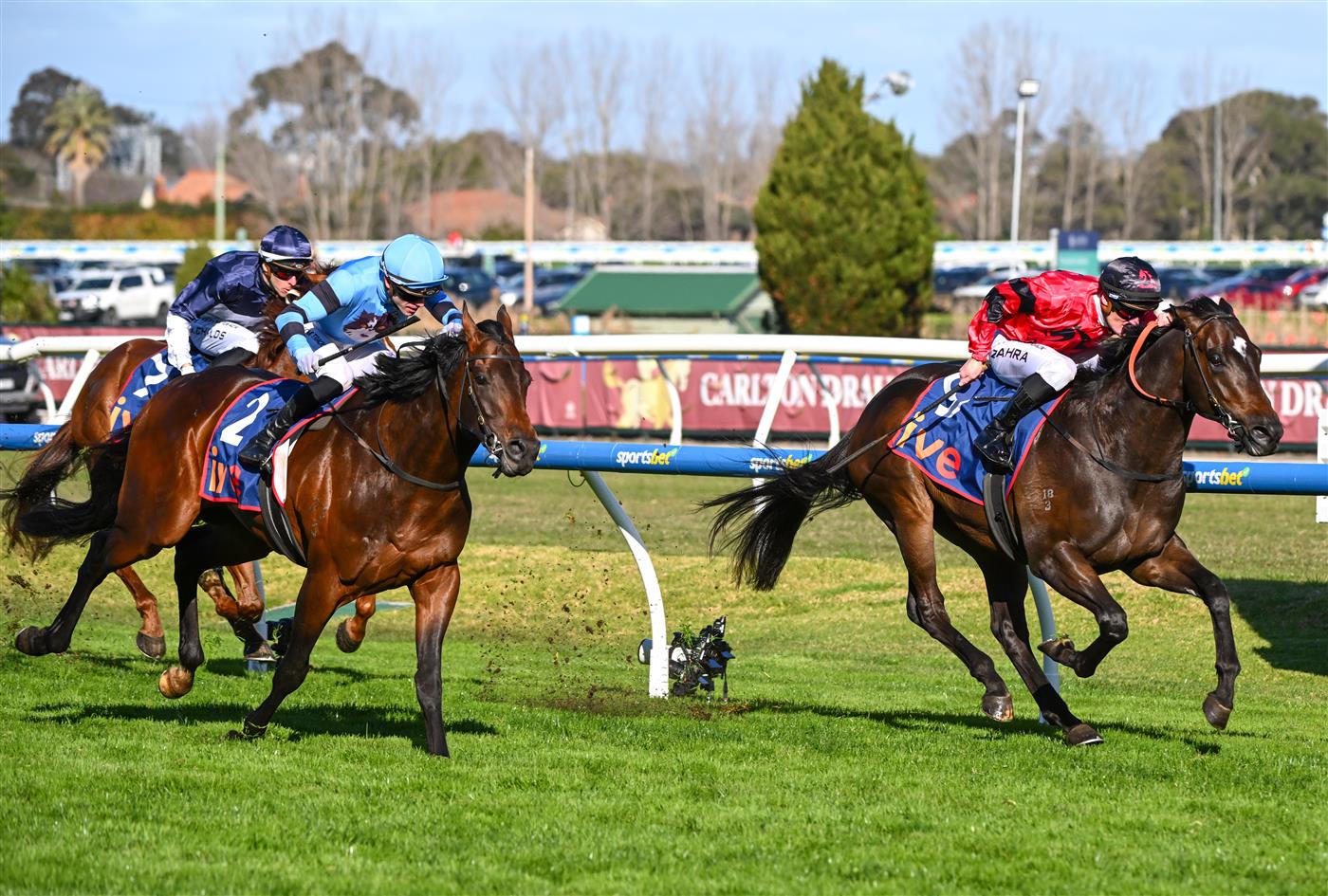 MELBOURNE, AUSTRALIA - AUGUST 29: Mark Zahra riding American Eagle defeats Thomas Stockdale riding Unit Five in race 7, the Ive > Mcneil Stakes during Melbourne Racing at Caulfield Racecourse on August 29, 2026 in Melbourne, Australia. (Photo by Vince Caligiuri/Getty Images)