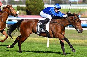 MELBOURNE, AUSTRALIA - AUGUST 29: Ethan Brown riding Custom winning race 5, the Hkjc World Pool Courtza Stakes during Melbourne Racing at Caulfield Racecourse on August 29, 2026 in Melbourne, Australia. (Photo by Vince Caligiuri/Getty Images)