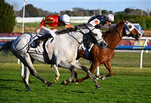 MELBOURNE, AUSTRALIA - AUGUST 29: John Allen riding Kingswood defeats Blake Shinn riding Just Folk in race 9, the Chandon Heatherlie Stakes during Melbourne Racing at Caulfield Racecourse on August 29, 2026 in Melbourne, Australia. (Photo by Vince Caligiuri/Getty Images)