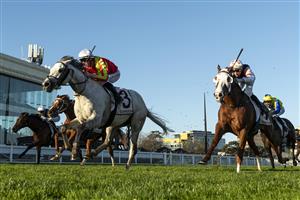 MELBOURNE, AUSTRALIA - AUGUST 29: John Allen riding Kingswood defeats Blake Shinn riding Just Folk in race 9, the Chandon Heatherlie Stakes during Melbourne Racing at Caulfield Racecourse on August 29, 2026 in Melbourne, Australia. (Photo by Vince Caligiuri/Getty Images)