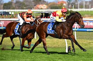 MELBOURNE, AUSTRALIA - AUGUST 29: Harry Coffey riding Oliveanotherday winning race 6, the The Quayclean Heath 1100   during Melbourne Racing at Caulfield Racecourse on August 29, 2026 in Melbourne, Australia. (Photo by Vince Caligiuri/Getty Images)