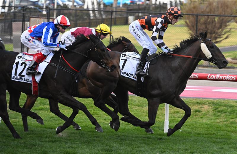 MELBOURNE, AUSTRALIA - SEPTEMBER 06: Ben Allen riding Baraqiel defeats Craig Williams riding Alabama Lass in Race 9, the Charter Keck Cramer Moir Stakes  during Melbourne Racing at Moonee Valley Racecourse on September 06, 2025 in Melbourne, Australia. (Photo by Vince Caligiuri/Getty Images)
