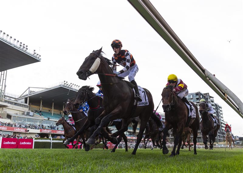 MELBOURNE, AUSTRALIA - SEPTEMBER 06: Ben Allen riding Baraqiel defeats Craig Williams riding Alabama Lass and Harry Coffey riding Arabian Summer (r) in Race 9, the Charter Keck Cramer Moir Stakes  during Melbourne Racing at Moonee Valley Racecourse on September 06, 2025 in Melbourne, Australia. (Photo by Vince Caligiuri/Getty Images)