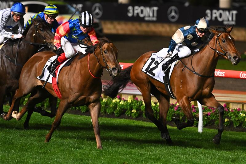 MELBOURNE, AUSTRALIA - SEPTEMBER 23: Jamie Kah riding Coolangatta defeats Craig Williams riding Bella Nipotina in Race 7, the Charter Keck Cramer Moir Stakes during Moir Stakes Night at Moonee Valley Racecourse on September 23, 2022 in Melbourne, Australia. (Photo by Vince Caligiuri/Getty Images)