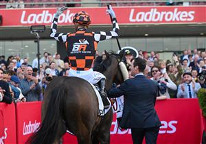 MELBOURNE, AUSTRALIA - SEPTEMBER 06: Ben Allen riding Baraqiel after winning Race 9, the Charter Keck Cramer Moir Stakes  during Melbourne Racing at Moonee Valley Racecourse on September 06, 2025 in Melbourne, Australia. (Photo by Vince Caligiuri/Getty Images)