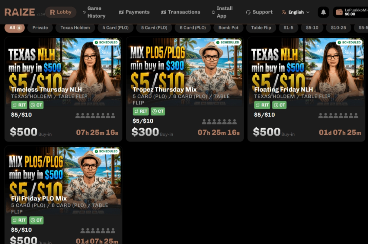 Raize Poker Games Lobby
