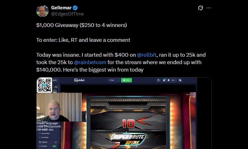 Twitter Gellemar 50K Rainbet Win