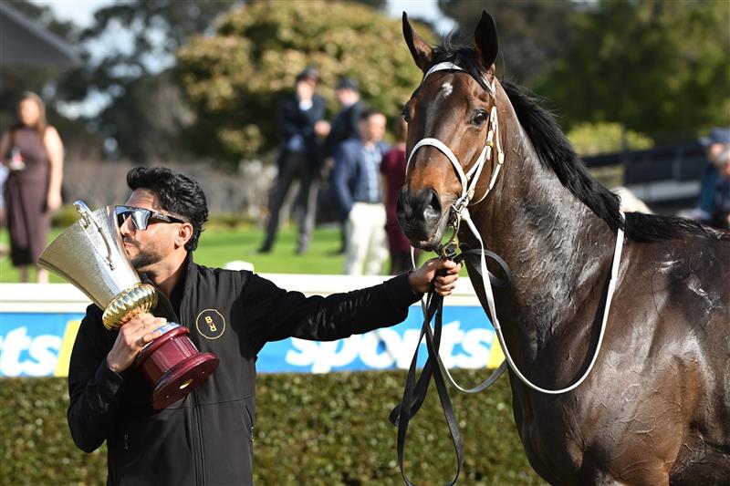 MELBOURNE, AUSTRALIA - SEPTEMBER 05: Blind Raise after winning race 6, the McMahon's Dairy McKenzie Stakes during Melbourne Racing at Sandown Racecourse on September 05, 2026 in Melbourne, Australia. (Getty)