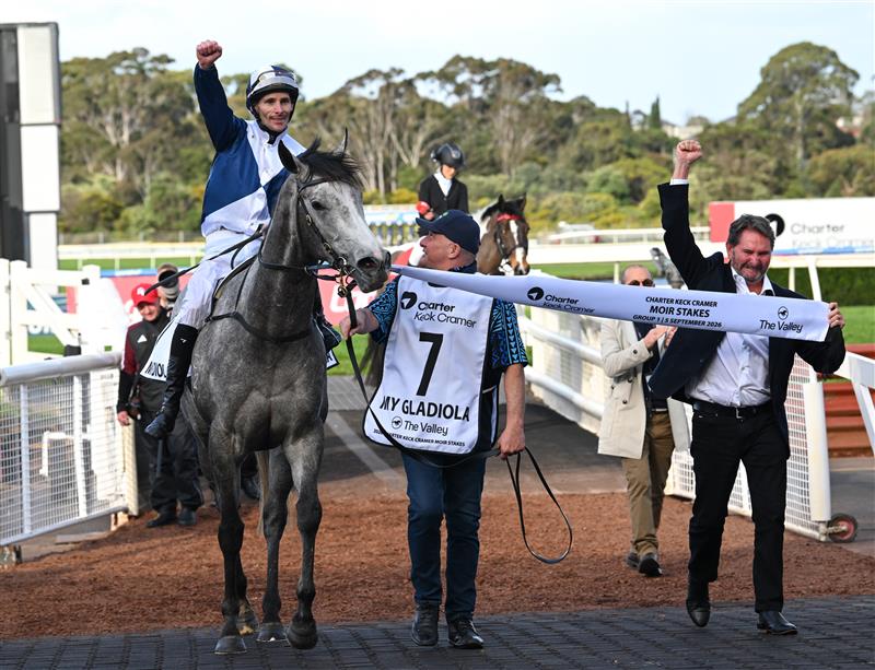 MELBOURNE, AUSTRALIA - SEPTEMBER 05: Jamie Mott riding My Gladiola after winning race 8, the Charter Keck Cramer Moir Stakes during Melbourne Racing at Sandown Racecourse on September 05, 2026 in Melbourne, Australia. (Photo by Vince Caligiuri/Getty Images)