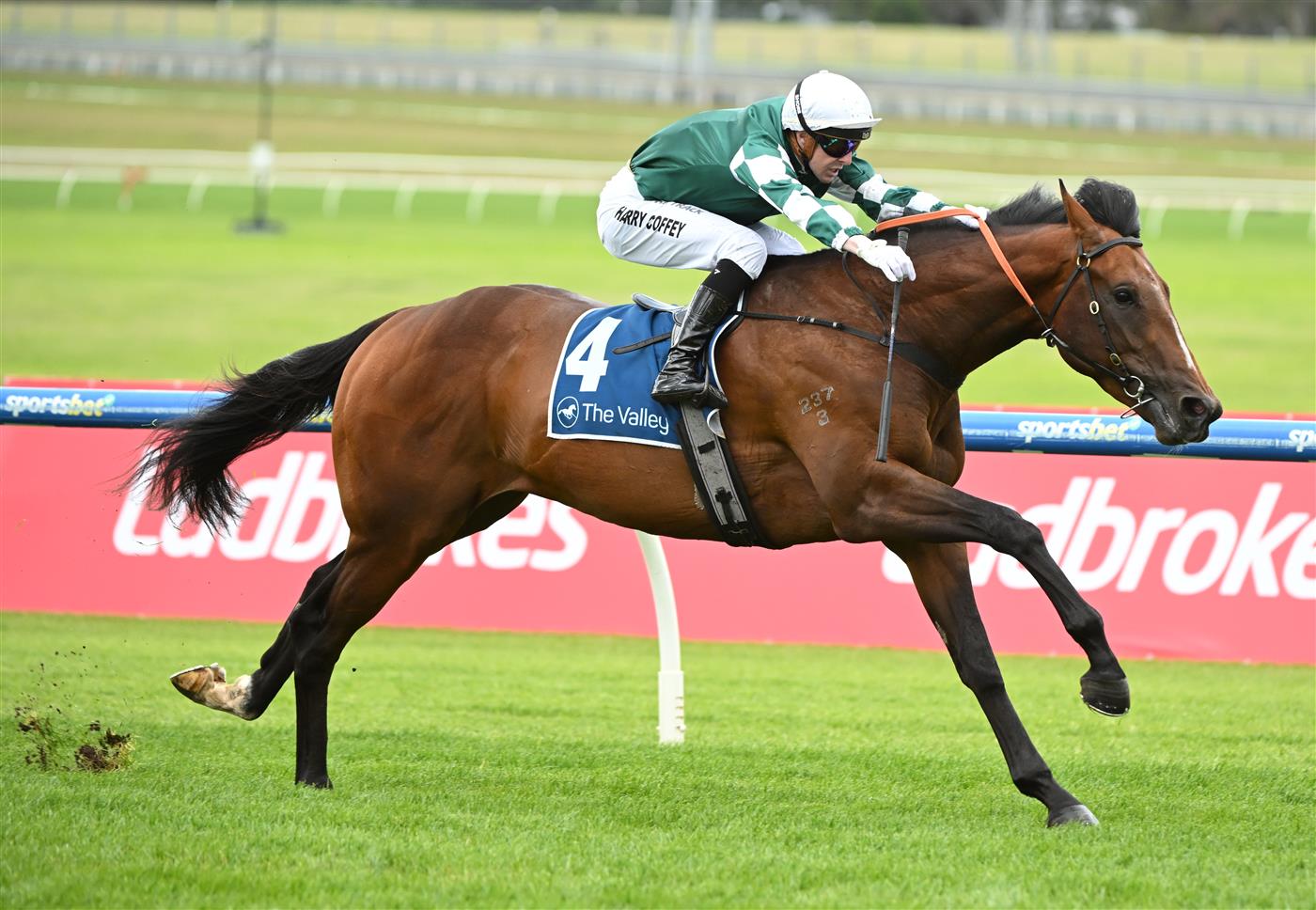 MELBOURNE, AUSTRALIA - SEPTEMBER 05: Harry Coffey riding Lepolo winning race 1, the The Valley @ Sandown Handicap during Melbourne Racing at Sandown Racecourse on September 05, 2026 in Melbourne, Australia. (Photo by Vince Caligiuri/Getty Images)