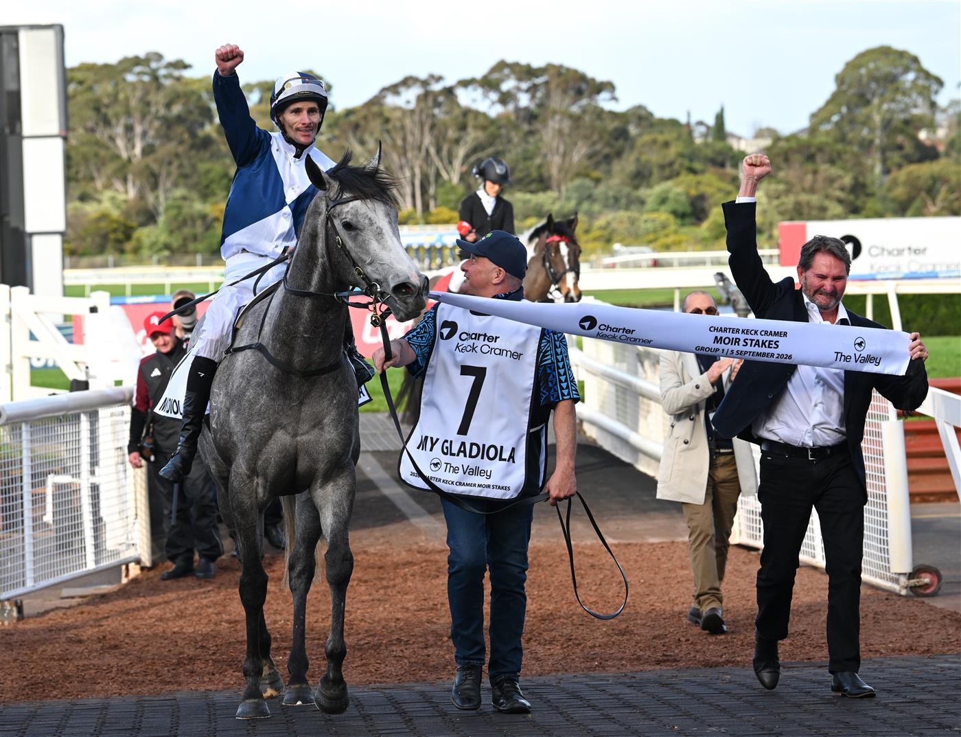 MELBOURNE, AUSTRALIA - SEPTEMBER 05: Jamie Mott riding My Gladiola after winning race 8, the Charter Keck Cramer Moir Stakes during Melbourne Racing at Sandown Racecourse on September 05, 2026 in Melbourne, Australia. (Photo by Vince Caligiuri/Getty Images)