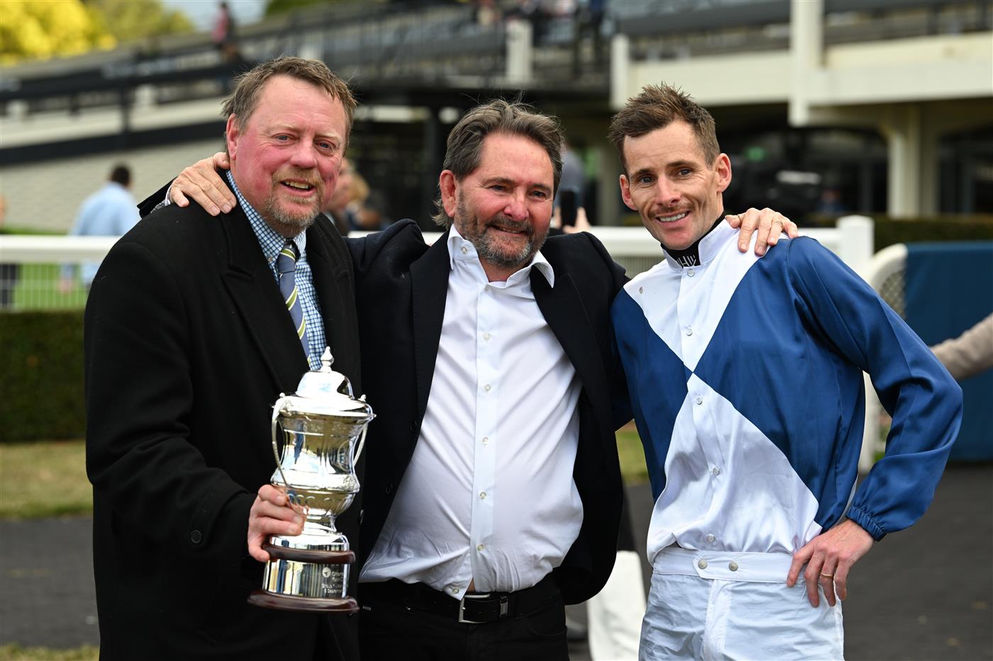 MELBOURNE, AUSTRALIA - SEPTEMBER 05: Jamie Mott poses with trainer John McArdle and winning connection (ctr) after riding My Gladiola to win race 8, the Charter Keck Cramer Moir Stakes during Melbourne Racing at Sandown Racecourse on September 05, 2026 in Melbourne, Australia. (Photo by Vince Caligiuri/Getty Images)