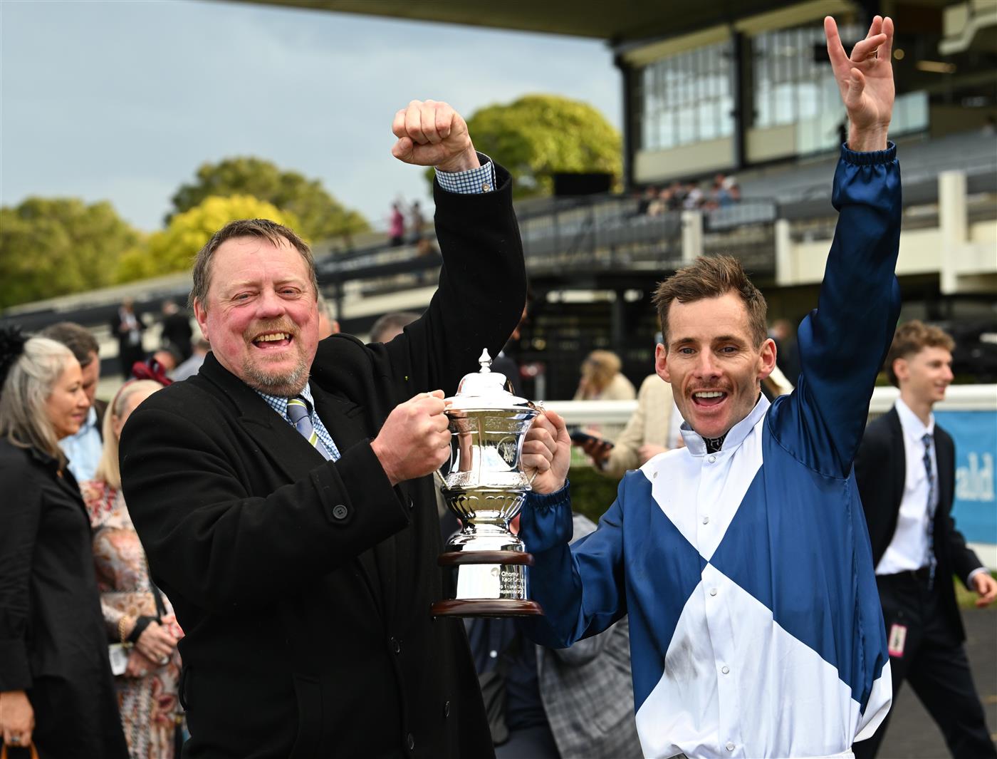 MELBOURNE, AUSTRALIA - SEPTEMBER 05: Jamie Mott poses with trainer John McArdle after riding My Gladiola to win race 8, the Charter Keck Cramer Moir Stakes during Melbourne Racing at Sandown Racecourse on September 05, 2026 in Melbourne, Australia. (Photo by Vince Caligiuri/Getty Images)