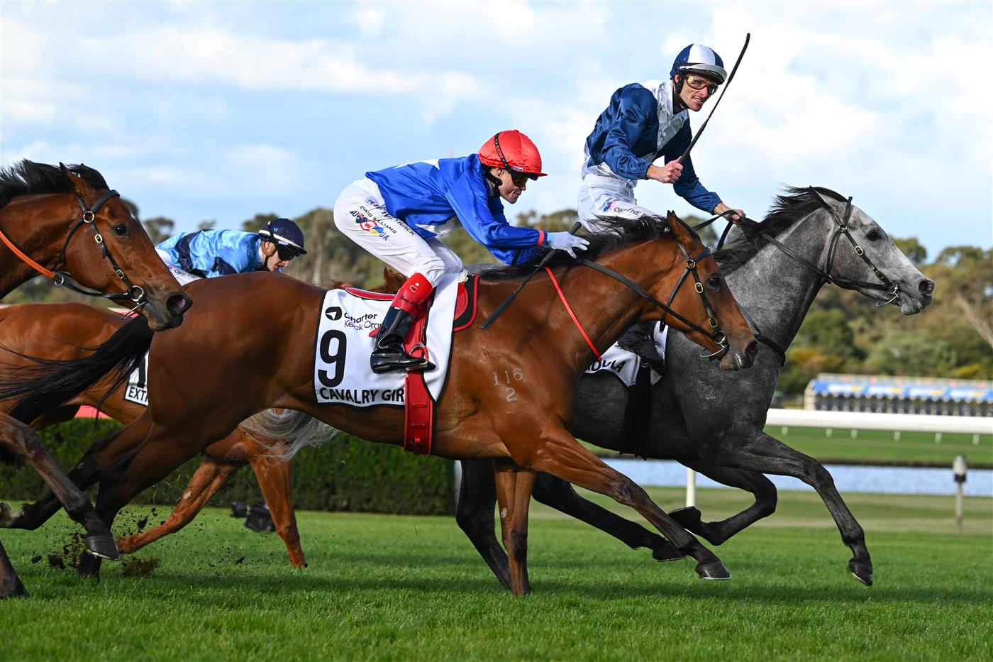 MELBOURNE, AUSTRALIA - SEPTEMBER 05: Jamie Mott riding My Gladiola reacts on the line to defeat Craig Williams riding  Cavalry Girl in race 8, the Charter Keck Cramer Moir Stakes during Melbourne Racing at Sandown Racecourse on September 05, 2026 in Melbourne, Australia. (Photo by Vince Caligiuri/Getty Images)