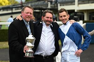 MELBOURNE, AUSTRALIA - SEPTEMBER 05: Jamie Mott poses with trainer John McArdle and winning connection (ctr) after riding My Gladiola to win race 8, the Charter Keck Cramer Moir Stakes during Melbourne Racing at Sandown Racecourse on September 05, 2026 in Melbourne, Australia. (Photo by Vince Caligiuri/Getty Images)