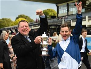 MELBOURNE, AUSTRALIA - SEPTEMBER 05: Jamie Mott poses with trainer John McArdle after riding My Gladiola to win race 8, the Charter Keck Cramer Moir Stakes during Melbourne Racing at Sandown Racecourse on September 05, 2026 in Melbourne, Australia. (Photo by Vince Caligiuri/Getty Images)