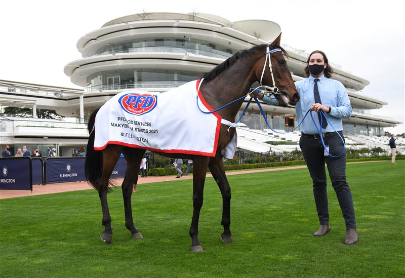 MELBOURNE, AUSTRALIA - SEPTEMBER 11: Incentivise after winning Race 8, the Pfd Food Services Makybe Diva Stakes, during Melbourne Racing at Flemington Racecourse on September 11, 2021 in Melbourne, Australia. (Photo by Vince Caligiuri/Getty Images)